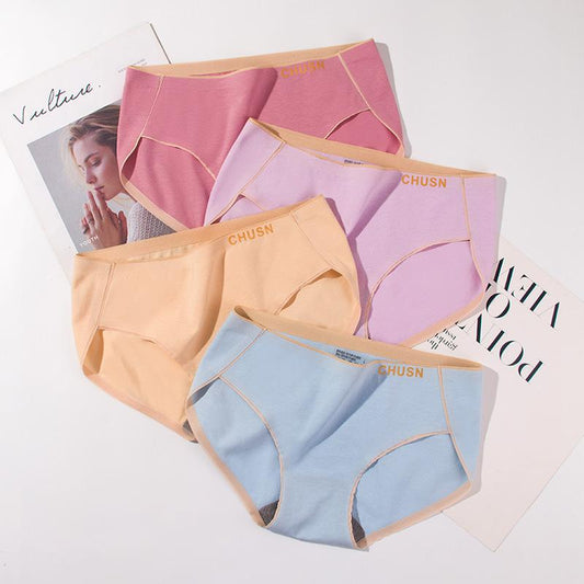 4Pcs/Set Women's Cotton Underpants Girl's Mid-waist Solid Color Panties Breathable Butt-lifting Elastic Briefs