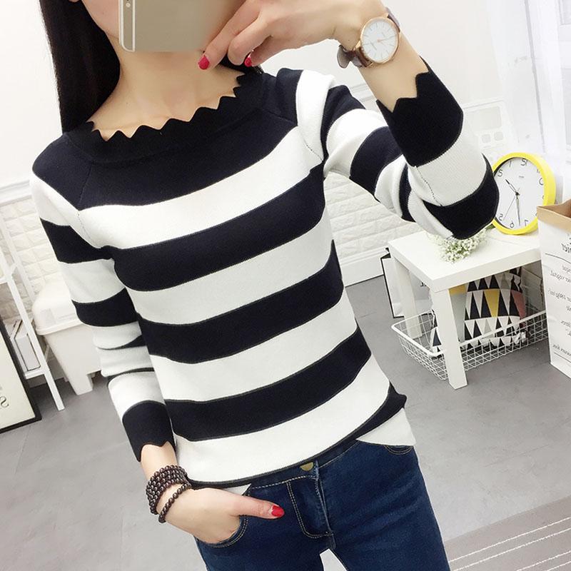 Autumn and Winter All-match Sweater Slim Short Bottoming Shirt Striped Pattern Young Women's Top