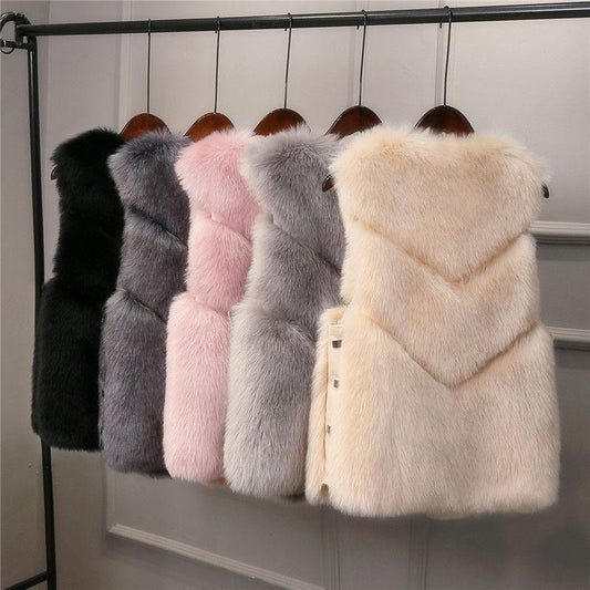 Autumn Winter Warm All-match Fur Vest Women's Leather Jacket Fashionable All-match Imitation Faux Fox Fur Waistcoat Stitching  Vest Short Jacket Slim