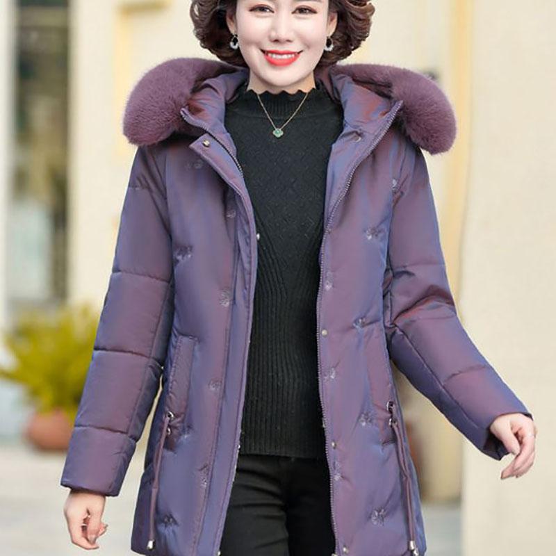 Winter Down Cotton Jacket Fashion Fur Collar Hooded Mid-length Jacket Thick Warm Cotton Jacket Suitable for Middle-aged Women