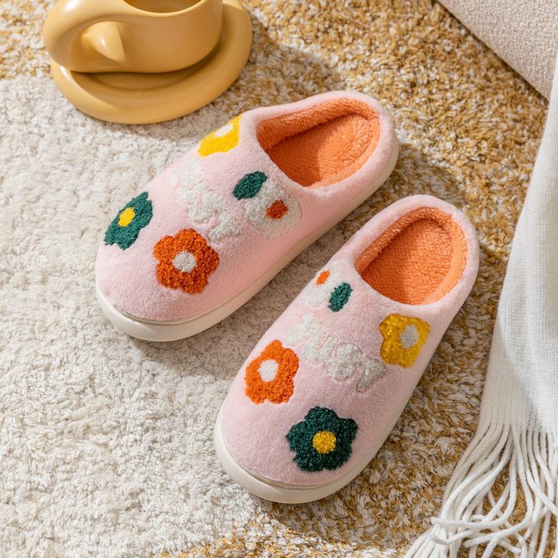 Autumn and Winter Pure Cotton Slippers  Flower Pattern  Indoor Non-slip Soft-soled Shoes Warm Simple Plush Cotton Shoes