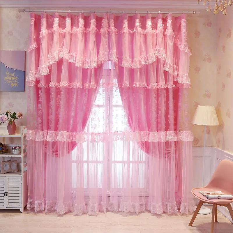 Simple and Modern Princess Style Lace Net Red Shade Curtains for Living Room and Bedroom Curtains (150×270cm)