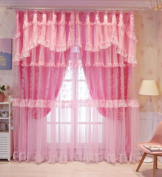 Simple and Modern Princess Style Lace Net Red Shade Curtains for Living Room and Bedroom Curtains (150×270cm)