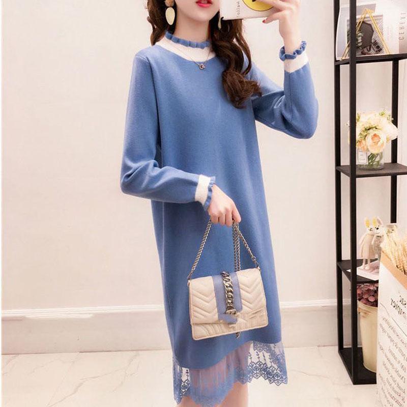 Autumn and Winter Knitted Lace Stitching Sweater Skirt Fashion All-match Hedging Bottoming Shirt Mid-length Female Sweater Dress