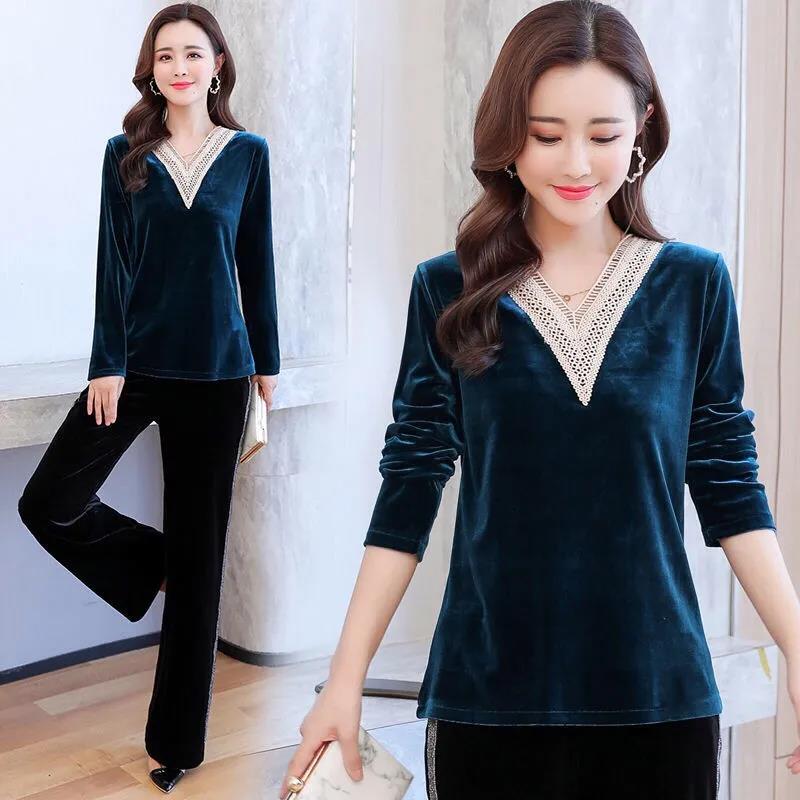 Women Sexy V-neck Golden velvet Office Blouse Elegant Long Sleeve Wild Basic Shirts Vintage Casual Ladies Top Spring Fall Pullover