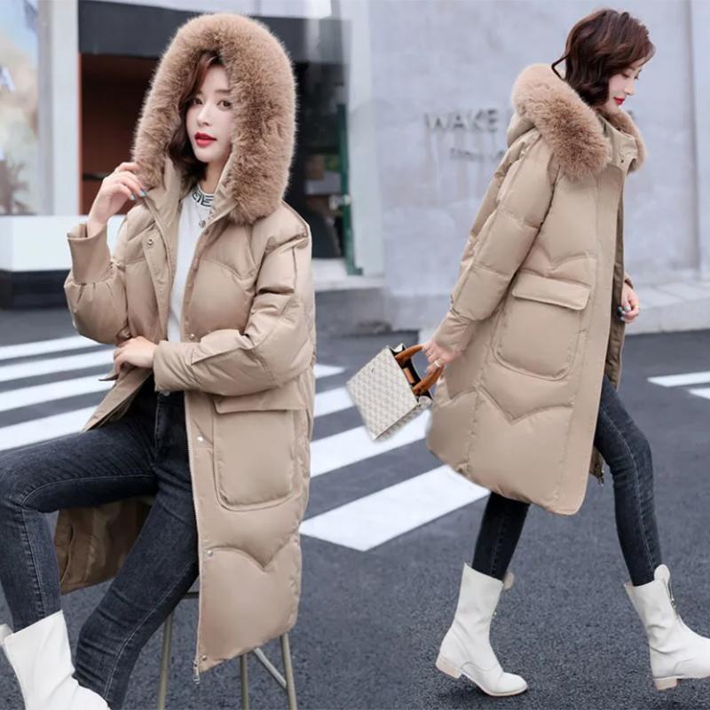 Women's Shiny Down Padded Jacket Mid-length Korean Style Loose Padded Jacket Warm Cotton Coat Big Fur Collar Winter Clothes