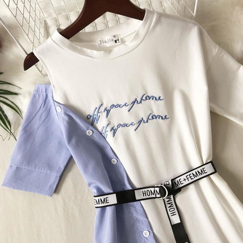 Women Summer Dress Vintage High Waist Short Sleeve Casual Dress Elegant Loose Letter Embroidery Irregular Stripe Stitching Dress with Belt