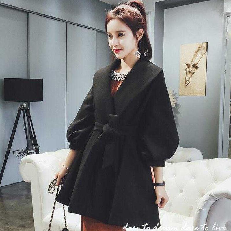 Winter Korean Mid-length Woolen Trench Coat Jacket Spring Lantern Sleeve Harajuku Women's Woolen Coat