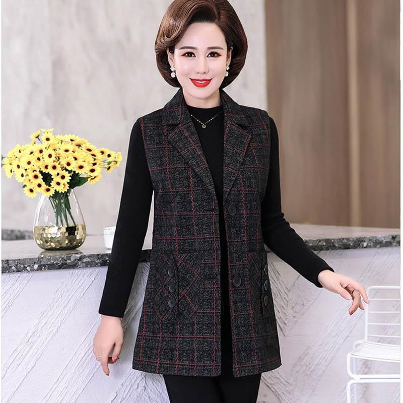 Mom's Autumn Vest Jacket Mid-length Plaid Waistcoat Middle-aged and Elderly Women's Spring and Autumn Woolen Vest