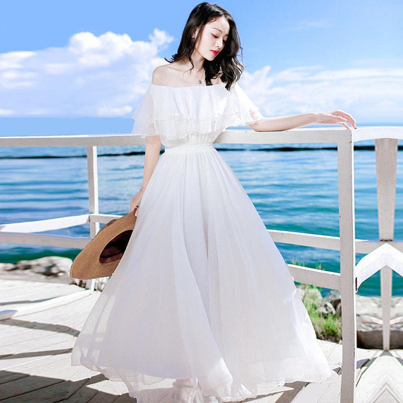 White Strapless Chiffon Dress Female One-line Collar High Waist Slimming Holiday Beach Skirt Plus Size Dress Off-shoulder One-line Skirt A-line Skirt