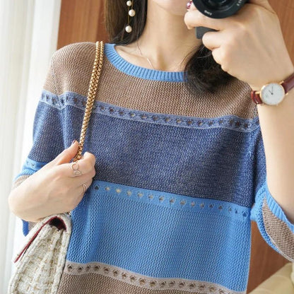 Spring Striped Hollow Ladies Knitwear Thin Knit Mid Sleeves Round Neck Loose