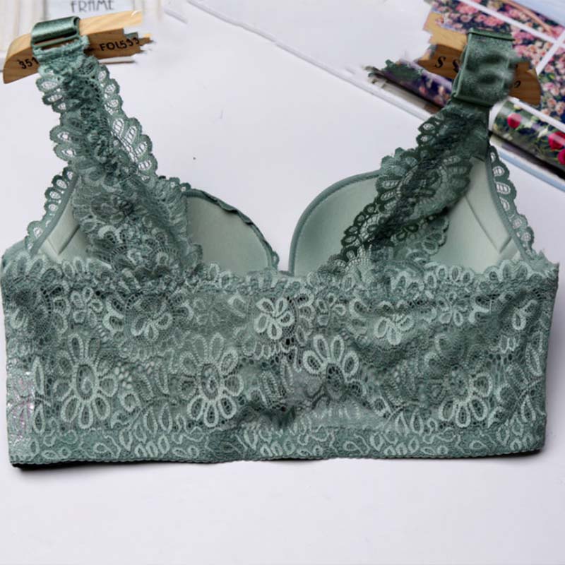 Plus Size Sexy Lace Off Shoulder Beautiful Back Front Buckle Gathering Thin Section Fashion Sexy No Steel Ring Side Loading All-match Bra