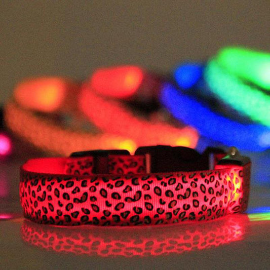 Leopard LED Dog Collar Luminous Adjustable Glowing Collar For Dogs Pet Night Safety Nylon Collar Luminous LED Bright Dog Collar