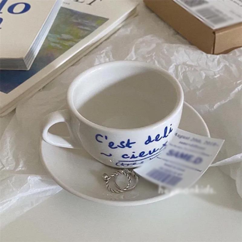 Korean Style Niche Coffee Shop Simple Blue Letter Ceramic Mug and Saucer Set French Retro Romantic Coffee Cup Milk Cup