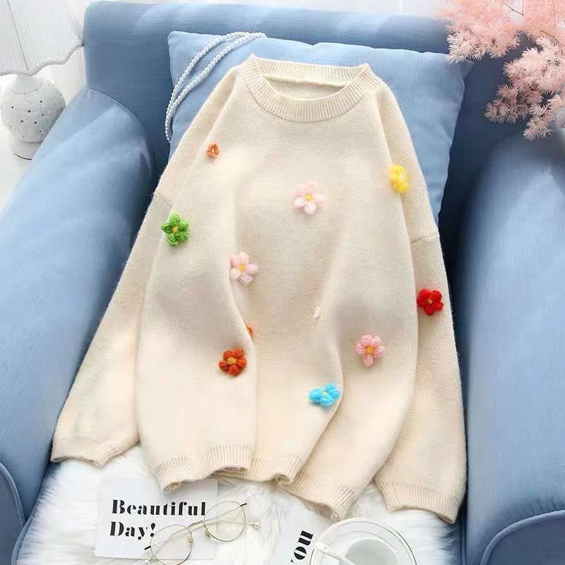 Pofulove Fashion Sweater Girl Pullover Autumn and Winter Korean Small Flower Loose Wild Sweater