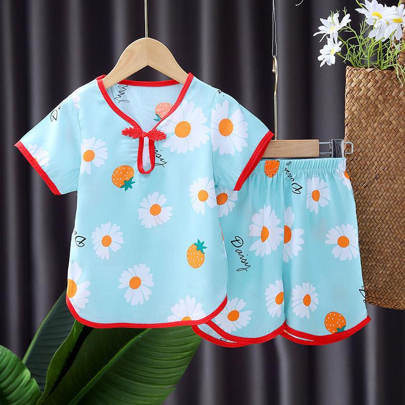 Girls' Short-sleeved Suit Cotton Silk Children's Hanfu Summer Children's Clothing Baby Girl Shorts Chinese Style Pajamas Two-piece