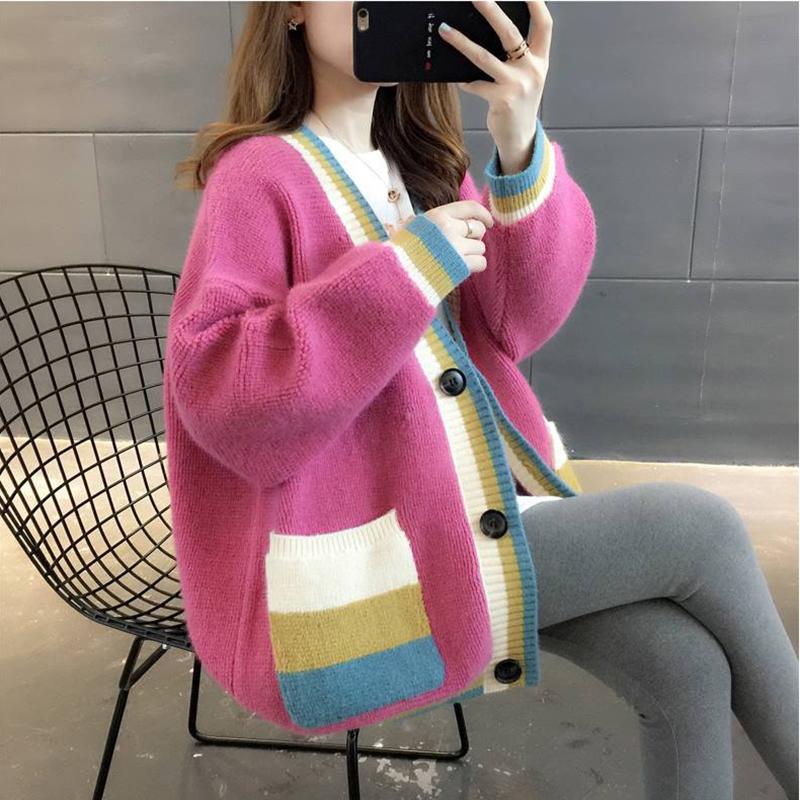 Women's Sweater Coat Autumn and Winter Color Matching Sweater Cardigan Loose and Lazy Wind Mid-length Knitted Cardigan Top