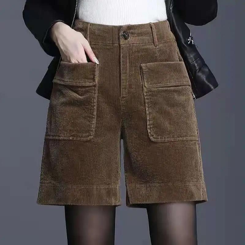 Corduroy Wide-leg Straight-leg Shorts Autumn and Winter Korean Style Loose High-waist Five-point Overalls for Women's Outer Wear