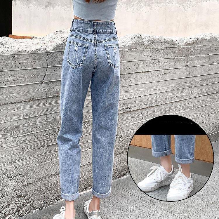 Women Spring Summer Cropped Pants Loose Vintage High Waist Straight Streetwear Denim Ripped Jeans