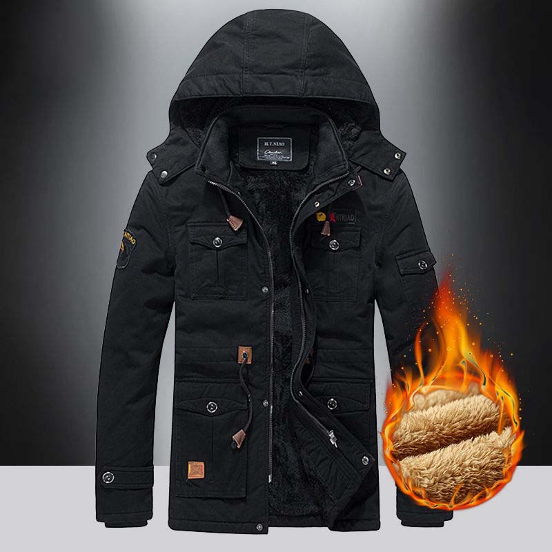 Winter Jacket Men's Plus Velvet Mid-length Padded Coat Cotton Coat Fur Collar Warm Men's Clothing