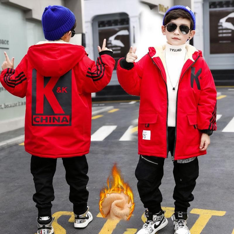 Winter Children's Coat Plus Velvet Thick Coat Hooded Boys Winter Fashion Mid-length Kids Winter Snowsuits