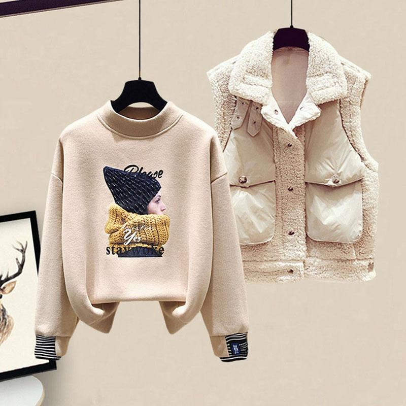 3pcs/set Autumn and Winter Women's Sets Fleece Vest Plus Fleece Sweatshirt Woolen Pants Three-piece Women Warm Outfits