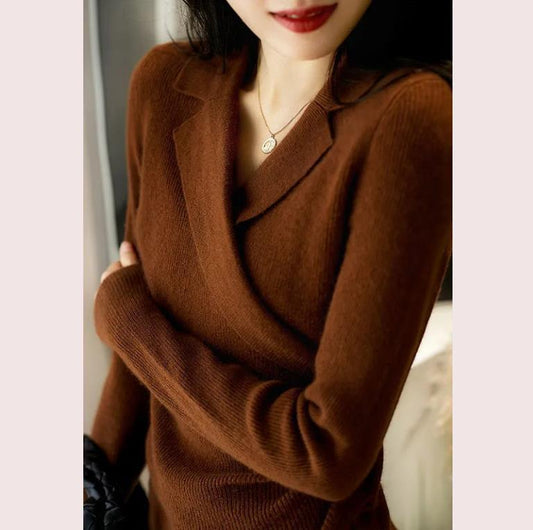 Autumn and Winter V-neck Crossover Ladies Sweater Elegant Temperament Gentle Knit Sweater Wear All-match Waist Casual Loose Shirt