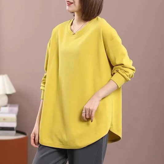 Spring and Autumn Cotton Loose Large Size Casual Solid Color Round Neck Bottoming Shirt Women's Long-sleeved T-shirt