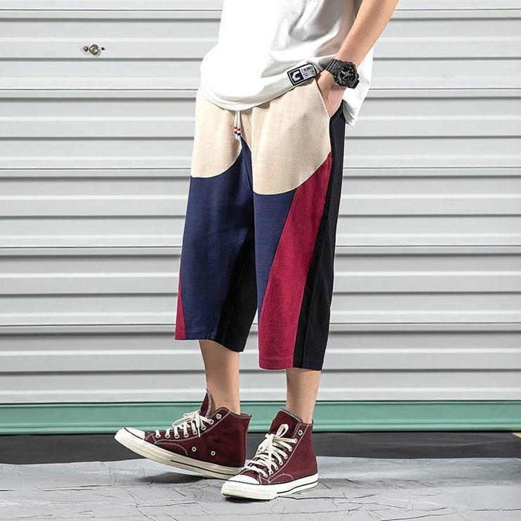 Summer National Tide Large Size Contrasting Color Linen 7-point Pants Men's Casual Shorts Loose Pants