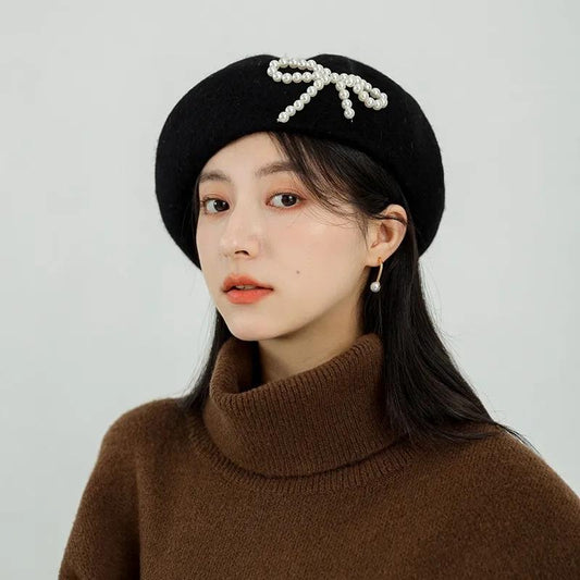 Retro Pearl Bow Beret Hat Women's Spring Autumn Retro Wool Blend Painter Hat All-match Elegant Black Hat