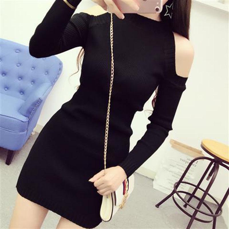 Spring Autumn Women's Knitted Pullover Sweater Sexy  Off-shoulder Long Sleeve Knit Dress Women's Mid-length Bag Hip Base Bodycon Sweater Dress