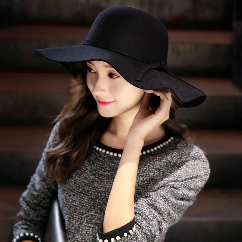 Women's Retro Big Brim Wool Blend Hat Bow Solid Color Warm Basin Hat Casual Vacation Felt Hat Elegant Top Hat