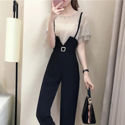 Temperament Women's Suit Two-piece Round Neck Sequined T-shirt + Straight Overalls Simple and Capable Lady Professional Suit Casual Bright Face Suit