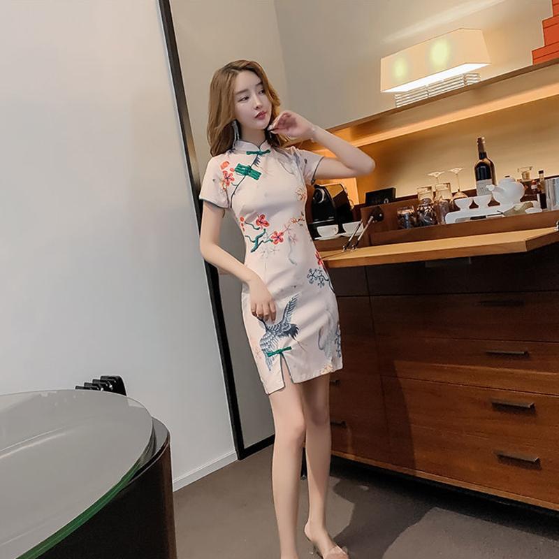 Summer Chinese Style Retro Printed Slim Temperament Was Thinner and Improved Cheongsam Dress