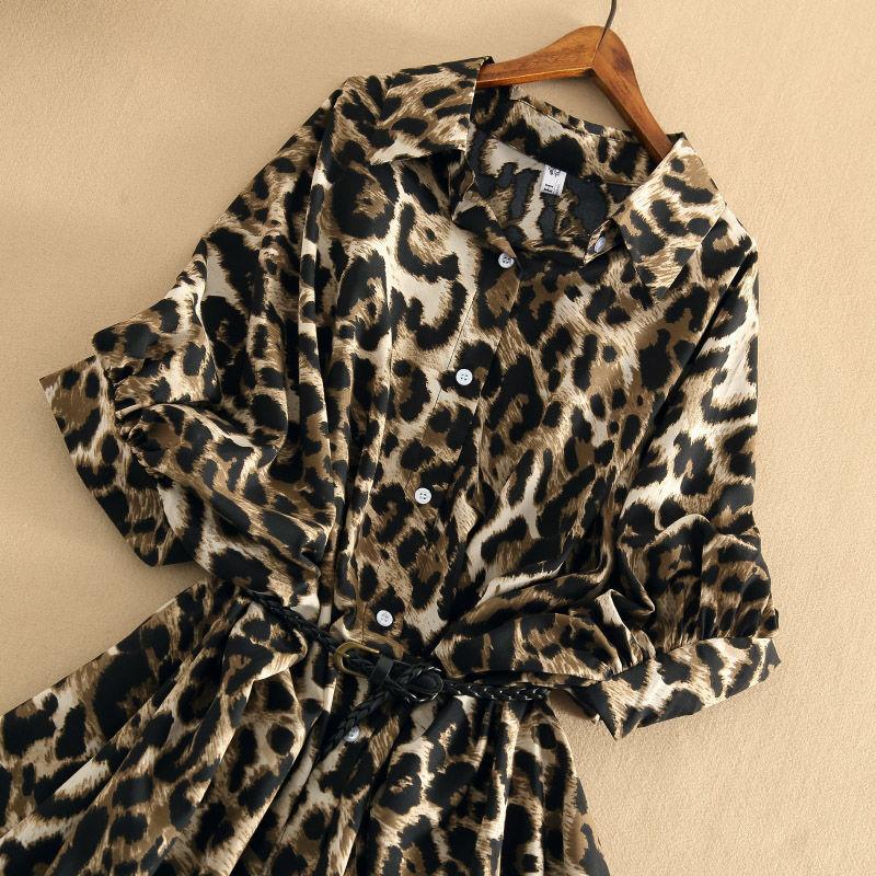 Spring and Summer Retro Leopard Print Chiffon Shirt Women's Loose and Versatile Short-sleeved Mid-length Dress