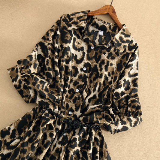 Spring and Summer Retro Leopard Print Chiffon Shirt Women's Loose and Versatile Short-sleeved Mid-length Dress