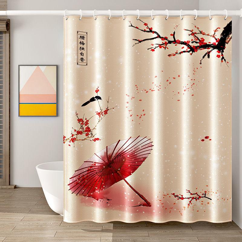 Bathroom Waterproof and Mildew-proof Chinese Shower Curtain Thickened Bathroom Shower Curtain Partition Curtain Door Curtain Free of Perforation