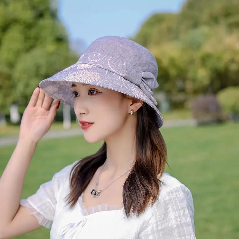 Women's Cotton Bucket Hat Rose Flower Bow Sunscreen Sun Hat Spring Adjustable Hat Breathable Vintage Fisherman Hat Basin Hat