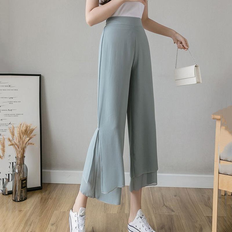 WTEMPO Solid Color Chiffon Wide-leg Pants Women Ruffle Loose High Waist Ankle-Length Pants Trousers Cool and Breathable