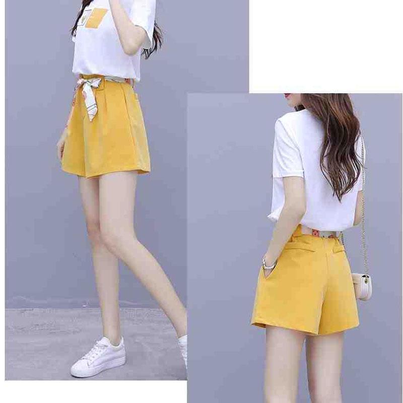 Pofulove Female Shorts Set Print Short Sleeve T-Shirt Wide Leg Shorts Two Piece Set Summer Outfits