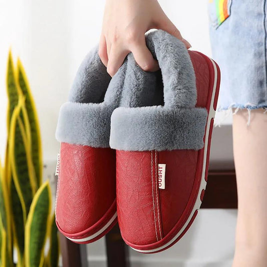 Bag Heel PU Leather Waterproof Winter Couple Cotton Slippers Men's Indoor Household Non-slip Home Warm Cotton Shoes Women