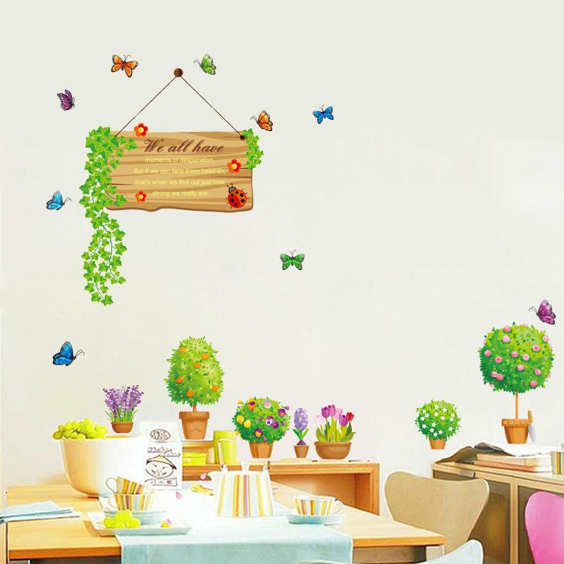 Flowerpot combination wall sticker removable glass window bedroom waterproof green spring wallpaper