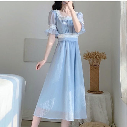 Women Summer Vintage High Waist Super Fairy Holiday Dress Short Sleeve Elegant Slim Lace Pleated Party Dress