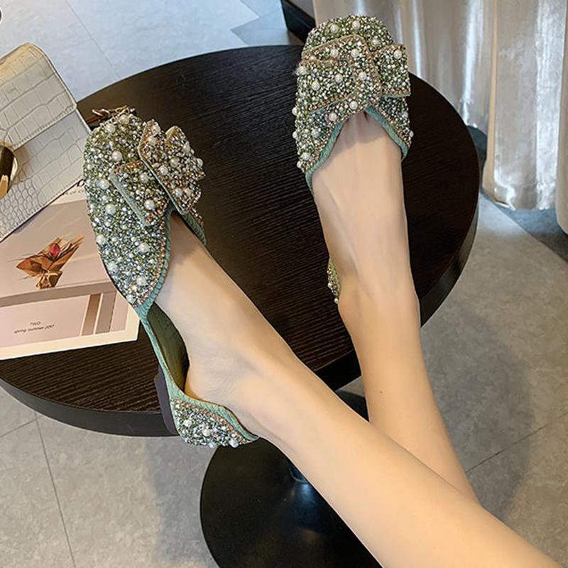 Single Shoes Women Spring and Summer Korean Version of Square Toe Flat Pearl Rhinestone Grandma Shoes Soft Sole