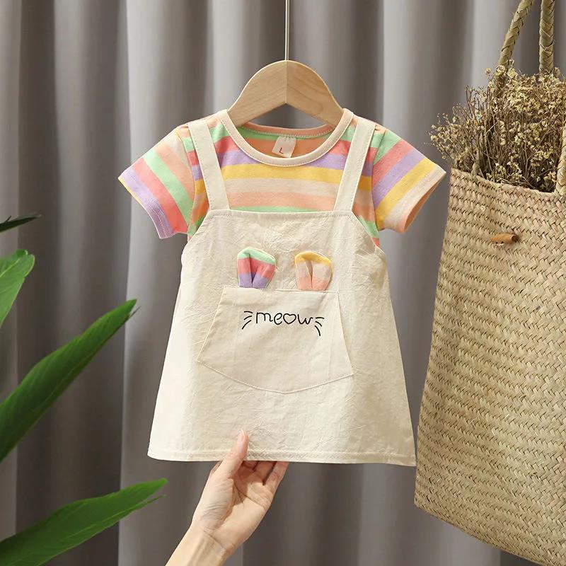 Children Dress Spring Summer O-neck Kids Clothing  Baby Girls Clothing Printing Short Sleeve Fake Two Dress Girl