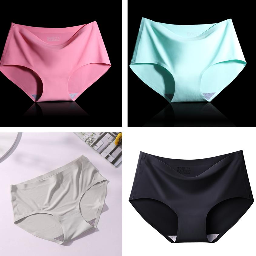 4Pcs/Set Ice Silk Seamless Underpants Women's Mid-waist Large Size Solid Color Thin Soft Briefs