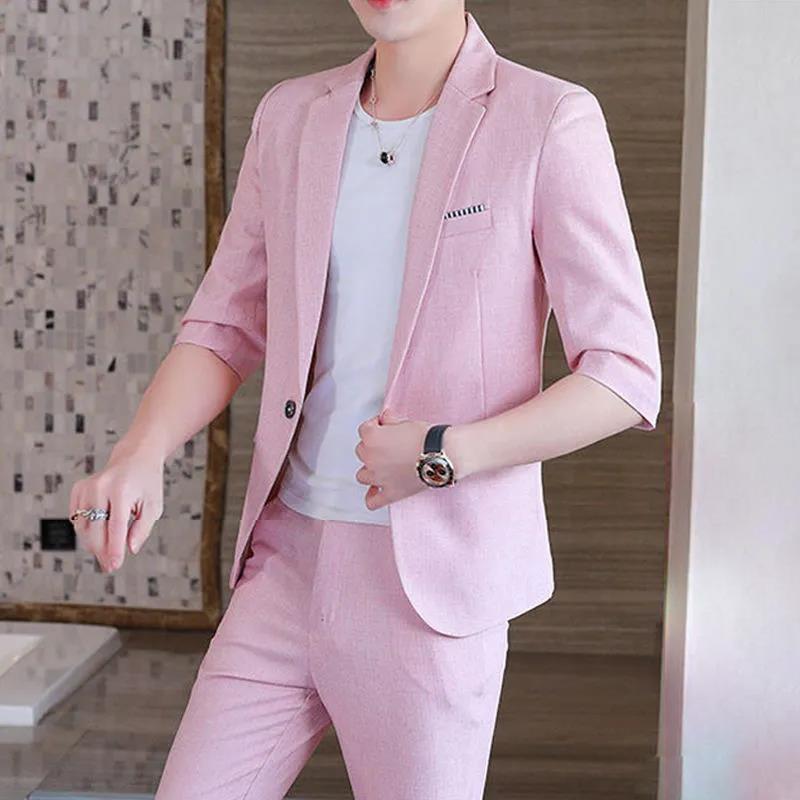 Men's Suit Three-quarter Sleeves Summer Thin Slim Half-sleeved Suit Men's Jacket Fashion Three-piece Men's Trend