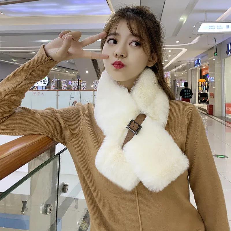 Winter Imitation Rabbit Fur Scarf Korean Fashion All-match Leather Buckle Scarf Warm Thick Plush Scarf Shawl