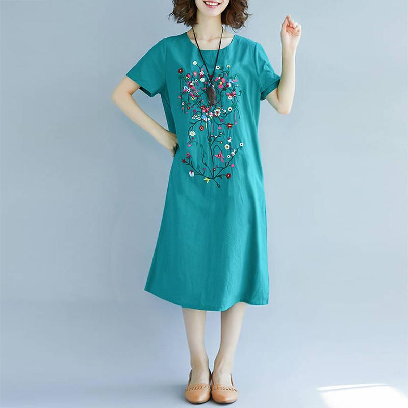 Large Size Women's Retro Loose Mid-length Dress Was Thin Ethnic Style Covering Belly Summer Dress