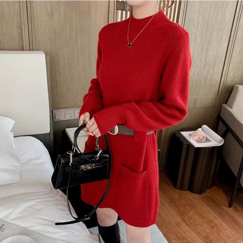 Korean Style Loose Outer Wear Mid-length Sweater Women Waist Slim Half Turtleneck Long Sleeve Autumn  Winter Base Sweater Dress